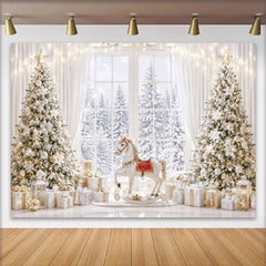 Lofaris Eleganter Weihnachtshintergrund mit verschneitem Fenster und Geschenken, luxuriöse Fotokulisse für festliche Winterdekoration