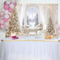 Lofaris Elegantes weißes Weihnachtszimmer-Hintergrund mit Tannenbäumen und Rentier, luxuriöse Fotowand für Winterwunderland Dekoration