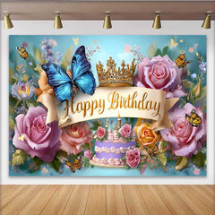 Lofaris Fotohintergrund Blauer Schmetterling Geburtstag Gold Krone Blumen Prinzessin Deko