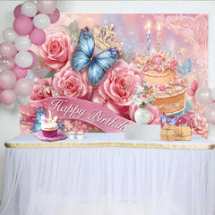 Lofaris Fotohintergrund Rosa Rosen Geburtstag Blauer Schmetterling Blumen Prinzessin Deko