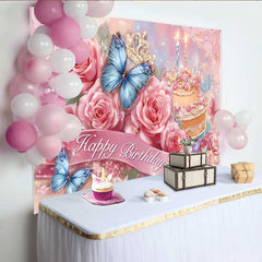 Lofaris Fotohintergrund Rosa Rosen Geburtstag Blauer Schmetterling Blumen Prinzessin Deko