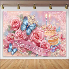 Lofaris Fotohintergrund Rosa Rosen Geburtstag Blauer Schmetterling Blumen Prinzessin Deko