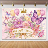 Lofaris Fotohintergrund Aquarell Schmetterling Geburtstag Rosa Blumen Gold Krone Mädchen