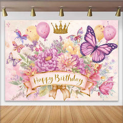 Lofaris Fotohintergrund Aquarell Schmetterling Geburtstag Rosa Blumen Gold Krone Mädchen