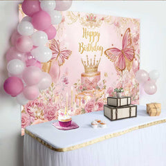 Lofaris Fotohintergrund Rosa Blumen Schmetterling Geburtstag Prinzessin Krone Banner Deko