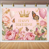 Lofaris Fotohintergrund Vintage Rosa Blumen Schmetterling Gold Krone Prinzessin Party Deko