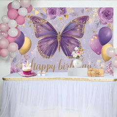 Lofaris Fotohintergrund Lila Gold Schmetterling Geburtstag Blumen Ballon Banner Mädchen Deko