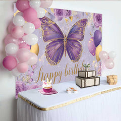 Lofaris Fotohintergrund Lila Gold Schmetterling Geburtstag Blumen Ballon Banner Mädchen Deko