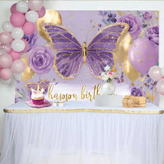 Lofaris Fotohintergrund Lila Blumen Schmetterling Geburtstag Gold Ballon Cake Smash Requisiten