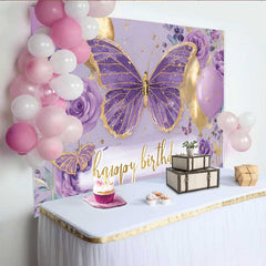 Lofaris Fotohintergrund Lila Blumen Schmetterling Geburtstag Gold Ballon Cake Smash Requisiten