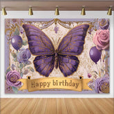 Lofaris Fotohintergrund Vintage Lila Schmetterling Geburtstag Blumen Gold Banner Foto Deko