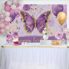 Lofaris Fotohintergrund Lila Gold Schmetterling Geburtstag Blumen Ballon Tisch Banner Deko