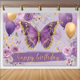 Lofaris Fotohintergrund Lila Gold Schmetterling Geburtstag Blumen Ballon Tisch Banner Deko