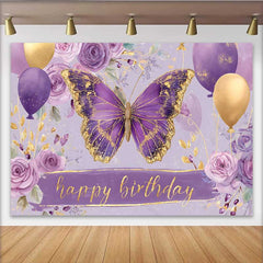 Lofaris Fotohintergrund Lila Gold Schmetterling Geburtstag Blumen Ballon Tisch Banner Deko