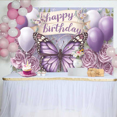 Lofaris Fotohintergrund Lila Monarchfalter Geburtstag Ballon Blumen Schriftrolle Tisch Deko
