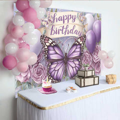 Lofaris Fotohintergrund Lila Monarchfalter Geburtstag Ballon Blumen Schriftrolle Tisch Deko