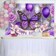 Lofaris Fotohintergrund Dunkellila Schmetterling Geburtstag Ballon Blumen Cake Smash Deko