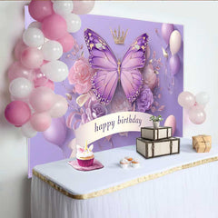 Lofaris Fotohintergrund 3D Stil Lila Schmetterling Geburtstag Krone Ballon Prinzessin Deko