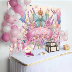 Lofaris Fotohintergrund Türkis Schmetterling Rosa Schleife Geburtstag Krone Blumen Party