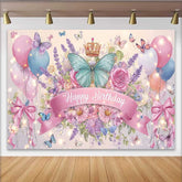 Lofaris Fotohintergrund Türkis Schmetterling Rosa Schleife Geburtstag Krone Blumen Party