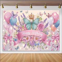 Lofaris Fotohintergrund Türkis Schmetterling Rosa Schleife Geburtstag Krone Blumen Party
