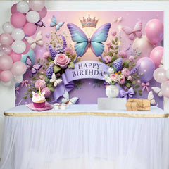 Lofaris Fotohintergrund 3D Lila Blauer Schmetterling Geburtstag Krone Blumen Ballon Party