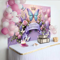 Lofaris Fotohintergrund 3D Lila Blauer Schmetterling Geburtstag Krone Blumen Ballon Party
