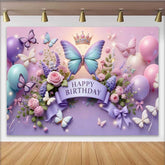 Lofaris Fotohintergrund 3D Lila Blauer Schmetterling Geburtstag Krone Blumen Ballon Party