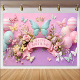 Lofaris Fotohintergrund 3D Minze Rosa Schmetterling Geburtstag Streifen Ballon Banner Deko