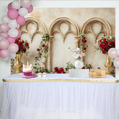 Lofaris Fotohintergrund Goldener Gotischer Bogen Rote Rosen Blumenvase Hochzeit Valentinstag