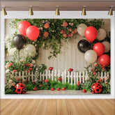 Lofaris Fotohintergrund Marienkäfer Geburtstag Rot Schwarz Ballon Garten Zaun 1. Geburtstag