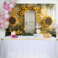 Lofaris Fotohintergrund Sonnenblumen Bienenwabe Rustikale Holztür Cake Smash Requisiten