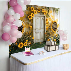 Lofaris Fotohintergrund Sonnenblumen Bienenwabe Rustikale Holztür Cake Smash Requisiten
