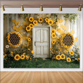 Lofaris Fotohintergrund Sonnenblumen Bienenwabe Rustikale Holztür Cake Smash Requisiten