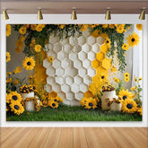 Lofaris Fotohintergrund Weiße Wabenwand Sonnenblumen Florale Cake Smash Party Dekoration