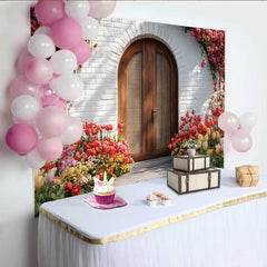 Lofaris Fotohintergrund Frühling Rote Tulpen Garten Rustikaler Holzbogen Tür Party Dekoration