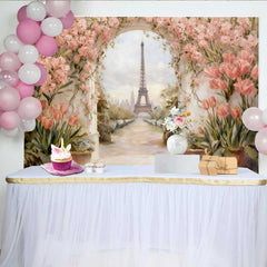 Lofaris Fotohintergrund Paris Eiffelturm Rosa Tulpen Blumenbogen Vintage Gemälde Hintergrund