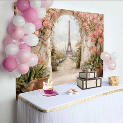Lofaris Fotohintergrund Paris Eiffelturm Rosa Tulpen Blumenbogen Vintage Gemälde Hintergrund