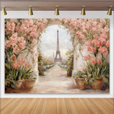 Lofaris Fotohintergrund Paris Eiffelturm Rosa Tulpen Blumenbogen Vintage Gemälde Hintergrund