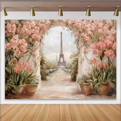 Lofaris Fotohintergrund Paris Eiffelturm Rosa Tulpen Blumenbogen Vintage Gemälde Hintergrund
