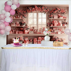 Lofaris Valentinstag Fotohintergrund Rosa Geschenke Teddybär Blumen Fenster Raum Requisiten