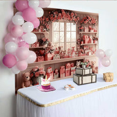 Lofaris Valentinstag Fotohintergrund Rosa Geschenke Teddybär Blumen Fenster Raum Requisiten