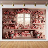 Lofaris Valentinstag Fotohintergrund Rosa Geschenke Teddybär Blumen Fenster Raum Requisiten