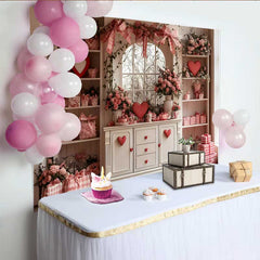 Lofaris Valentinstag Fotohintergrund Rosa Schleifen Rote Herzen Weißer Schrank Blumen Fenster