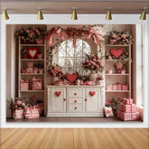 Lofaris Valentinstag Fotohintergrund Rosa Schleifen Rote Herzen Weißer Schrank Blumen Fenster