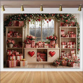 Lofaris Valentinstag Fotohintergrund Rote Karo Geschenke Blumen Fenster Liebe Herz Dekoration