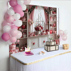 Lofaris Valentinstag Fotohintergrund Rosa Karo Vorhang Schwebende Herzen Blumen Raum Deko