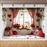 Lofaris Valentinstag Fotohintergrund Rote Karo Vorhang Rote Rosen Fensterbank Deko Requisiten