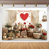 Lofaris Valentinstag Fotohintergrund Boho Makramee Rotes Herz Rustikale Holzwand Dekoration