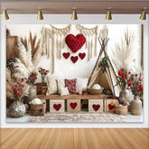 Lofaris Valentinstag Fotohintergrund Boho Tipi Zelt Rotes Herz Pampasgras Deko Requisiten